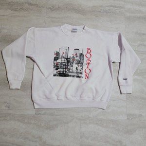 Vintage Boston City Graphic White Bike Crew Neck 50/50 Sweater XL